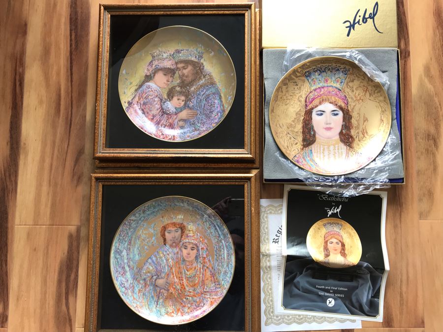 Set Of (3) Edna Hibel Limited Edition 'The David Series' Plates: Bathsheba, Wedding Of David & Bathsheba And David Bathsheba & Solomon (2) Shadowbox Framed And (1) With Original Hibel Box And Cert