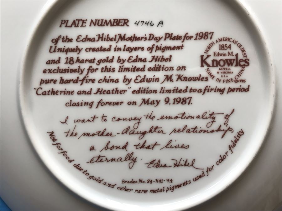 Set Of (4) Edna Hibel Limited Edition Mother's Day Plates With Boxes: 1984, 1985, 1986 And 1987 [Photo 27]