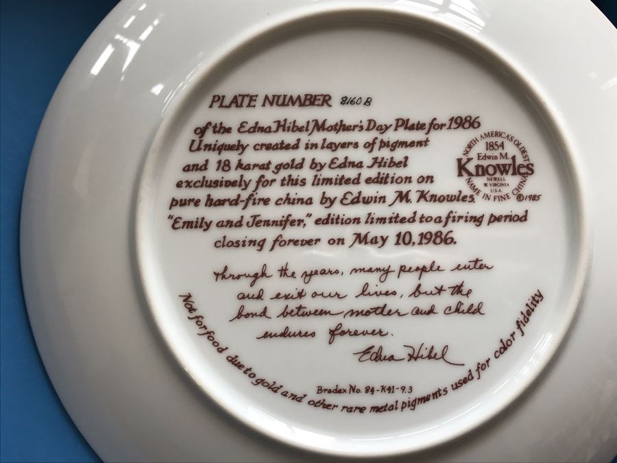 Set Of (4) Edna Hibel Limited Edition Mother's Day Plates With Boxes: 1984, 1985, 1986 And 1987 [Photo 22]