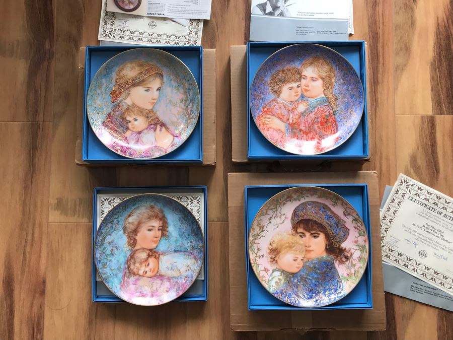 Set Of (4) Edna Hibel Limited Edition Mother's Day Plates With Boxes: 1984, 1985, 1986 And 1987