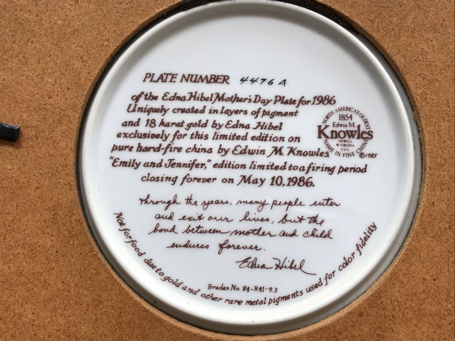 Set Of (5) Limited Edition Framed Edna Hibel Plates: (1) Leah's Family - The World I Love And (4) Mother's Day Plates 1984-1987 [Photo 25]