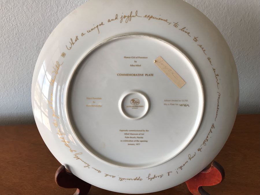 Edna Hibel Commemorative Plate 'Flower Girl Of Provence' 13 1/4' With Wooden Display Stand [Photo 8]
