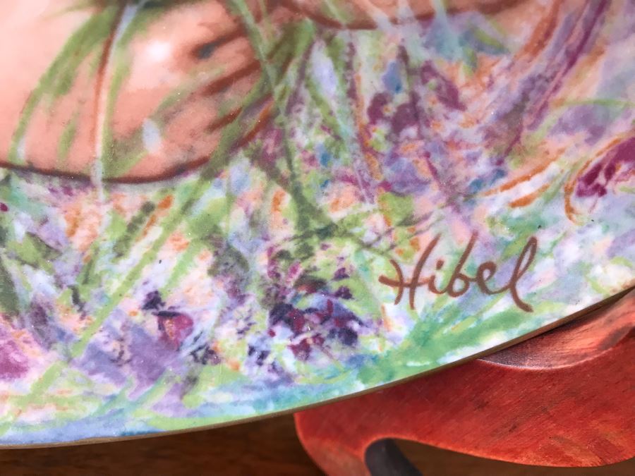 Edna Hibel Commemorative Plate 'Flower Girl Of Provence' 13 1/4' With Wooden Display Stand [Photo 4]