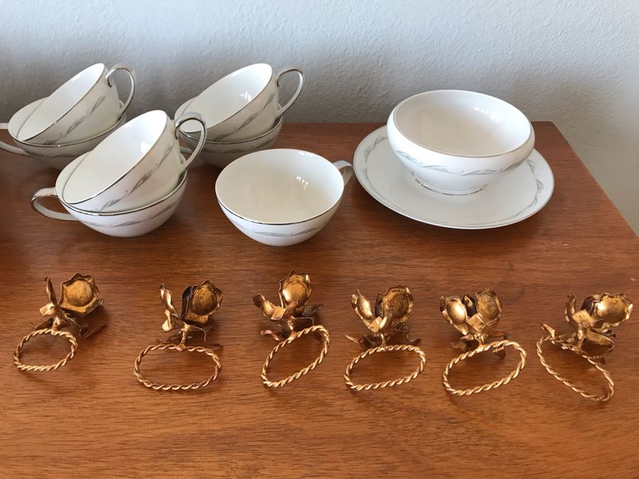 Set Of MIKASA Fine China 'Bridal Lace' Pattern From Japan Apx 82 Pieces And (6) Gold Tone Rose Napkin Rings [Photo 12]