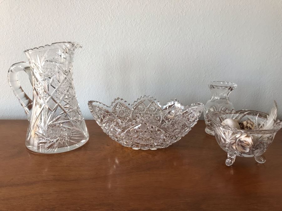 Crystal Serving Pieces Including Cut Crystal Bowl, Large Crystal Pitcher, Footed Dish And Vase