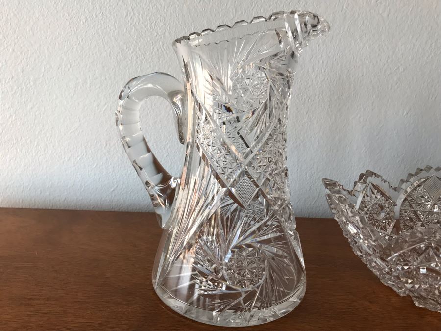 Crystal Serving Pieces Including Cut Crystal Bowl, Large Crystal Pitcher, Footed Dish And Vase [Photo 5]