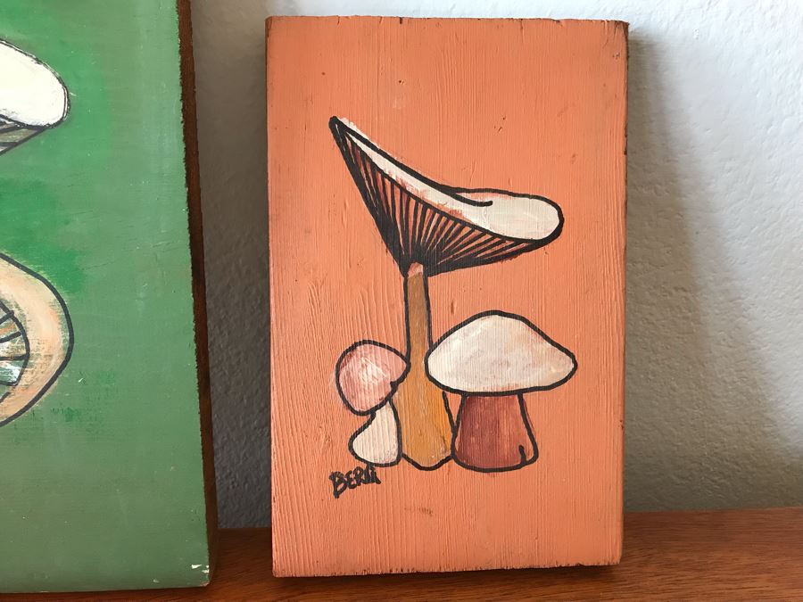 Vintage Red Glass Bowl, Carved Wooden Bird And (3) Original Vintage Mushroom Paintings On Board By Berg [Photo 7]