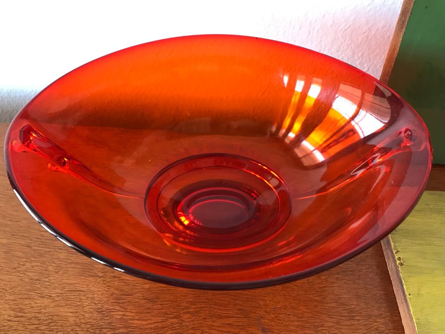 Vintage Red Glass Bowl, Carved Wooden Bird And (3) Original Vintage Mushroom Paintings On Board By Berg [Photo 5]