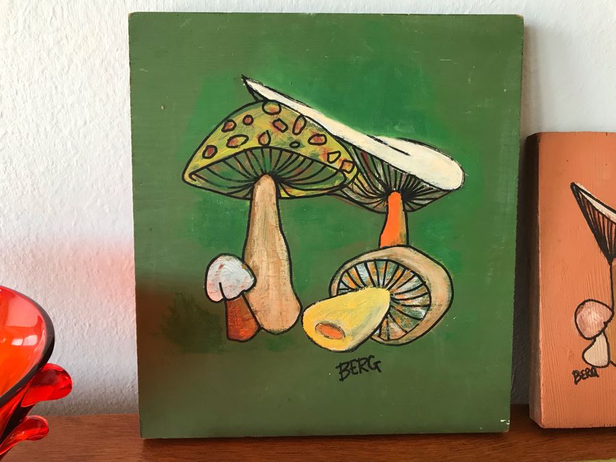 Vintage Red Glass Bowl, Carved Wooden Bird And (3) Original Vintage Mushroom Paintings On Board By Berg [Photo 6]