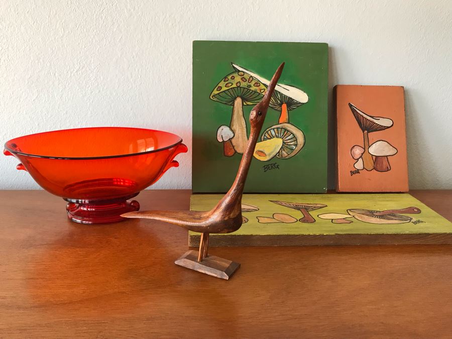 Vintage Red Glass Bowl, Carved Wooden Bird And (3) Original Vintage Mushroom Paintings On Board By Berg