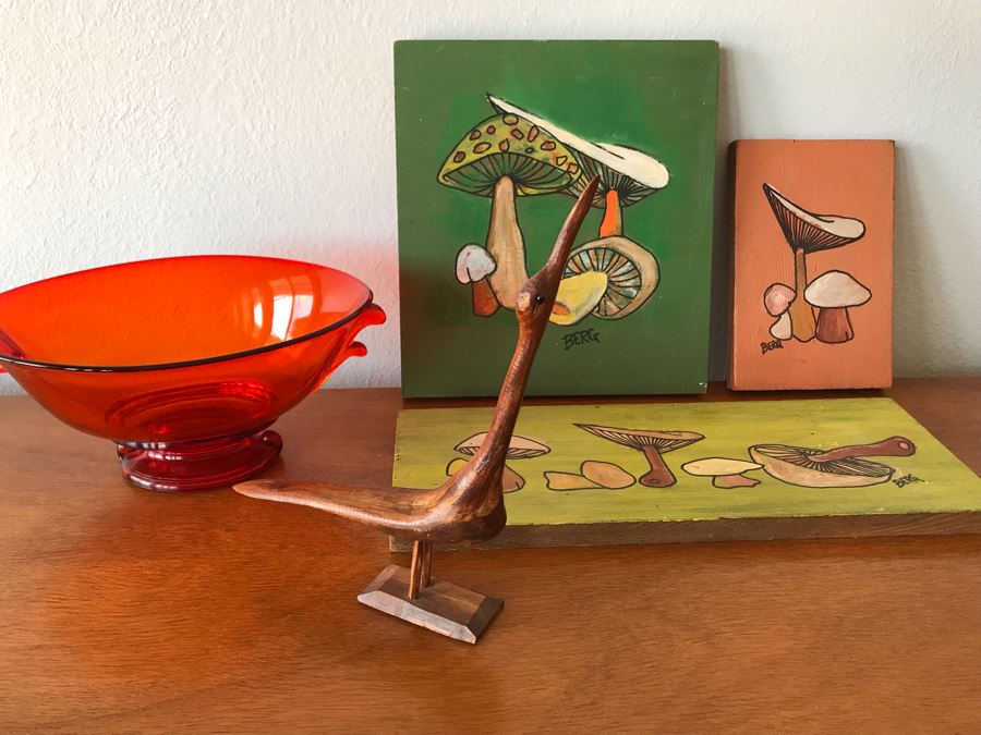 Vintage Red Glass Bowl, Carved Wooden Bird And (3) Original Vintage Mushroom Paintings On Board By Berg [Photo 2]