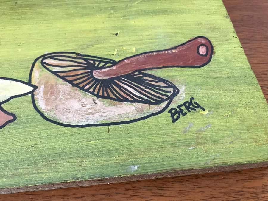 Vintage Red Glass Bowl, Carved Wooden Bird And (3) Original Vintage Mushroom Paintings On Board By Berg [Photo 9]