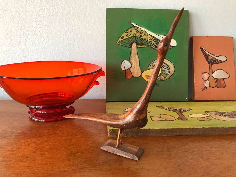Vintage Red Glass Bowl, Carved Wooden Bird And (3) Original Vintage Mushroom Paintings On Board By Berg [Photo 3]
