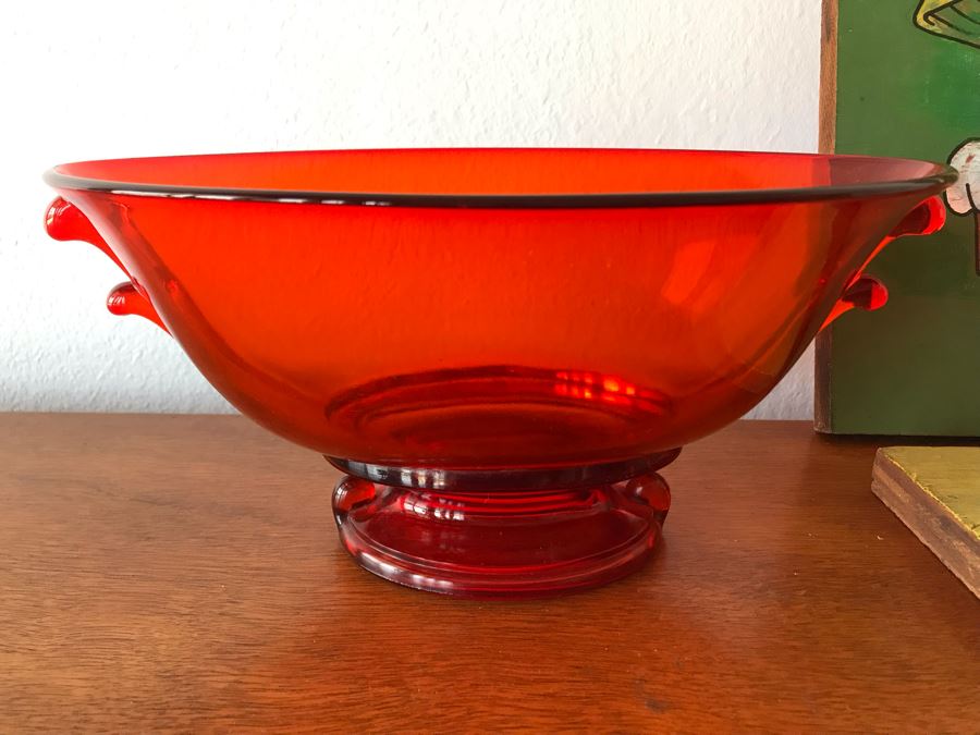 Vintage Red Glass Bowl, Carved Wooden Bird And (3) Original Vintage Mushroom Paintings On Board By Berg [Photo 4]