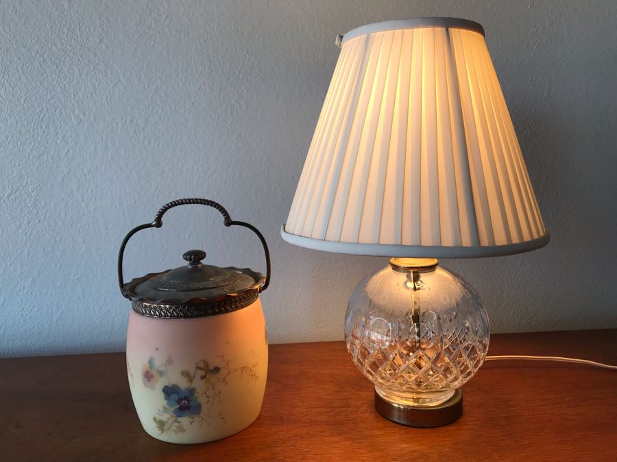 Victorian Era Hand Painted Biscuit Jar And Yogoslavian Hand Crafted Crystal Table Lamp [Photo 1]