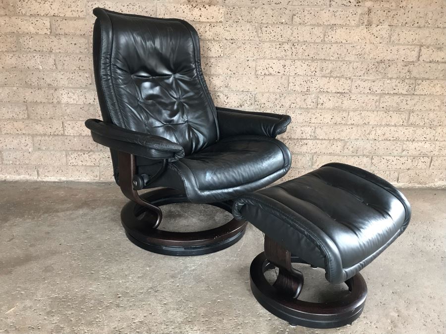 Stressless Leather Reclining Armchair With Ottoman - Note That There Are Some Paint Stains On Chair - Client Is An Artist [Photo 1]
