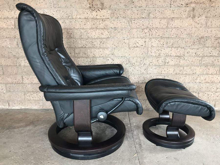 Stressless Leather Reclining Armchair With Ottoman - Note That There Are Some Paint Stains On Chair - Client Is An Artist [Photo 5]