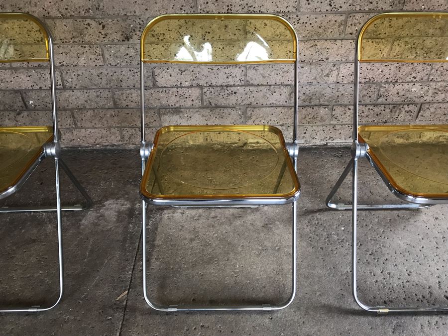 Set Of (4) Vintage 1970's Plia Folding Italian Chairs By Giancarlo Piretti For Anonima Castelli, Italy Lucite Chrome [Photo 5]