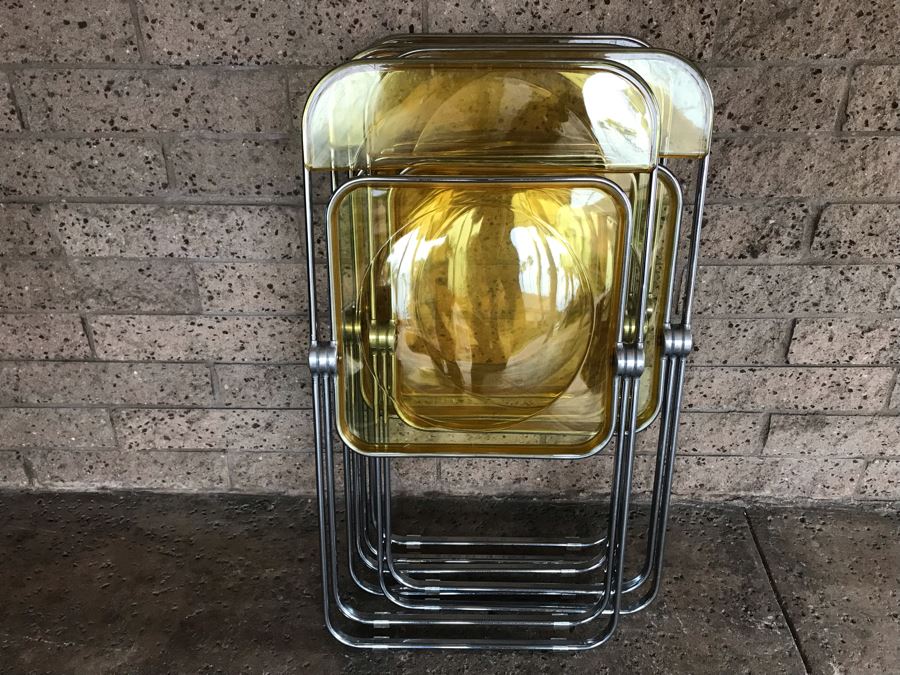 Set Of (4) Vintage 1970's Plia Folding Italian Chairs By Giancarlo Piretti For Anonima Castelli, Italy Lucite Chrome [Photo 2]