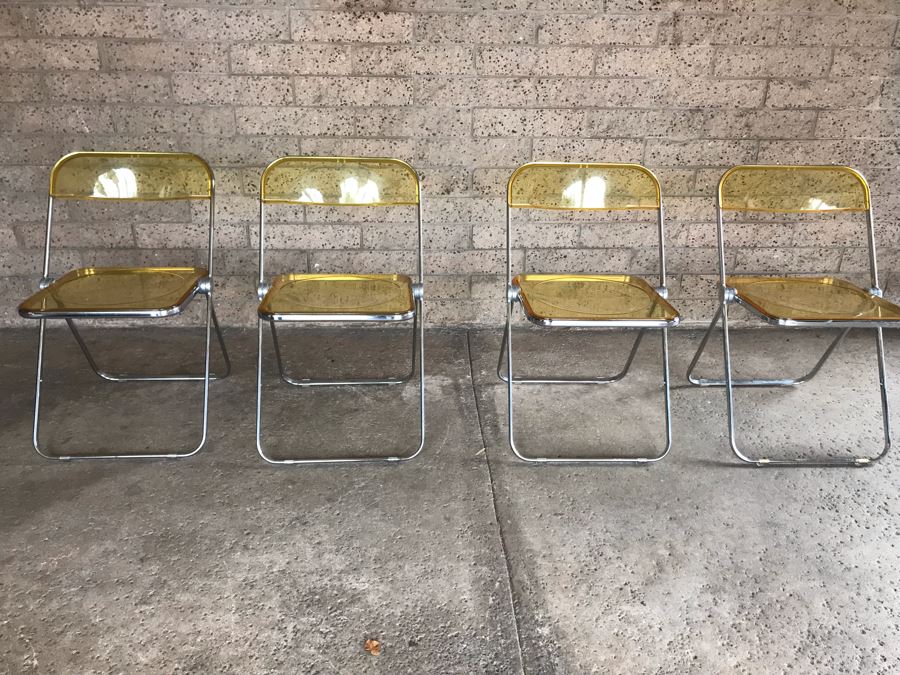Set Of (4) Vintage 1970's Plia Folding Italian Chairs By Giancarlo Piretti For Anonima Castelli, Italy Lucite Chrome [Photo 3]