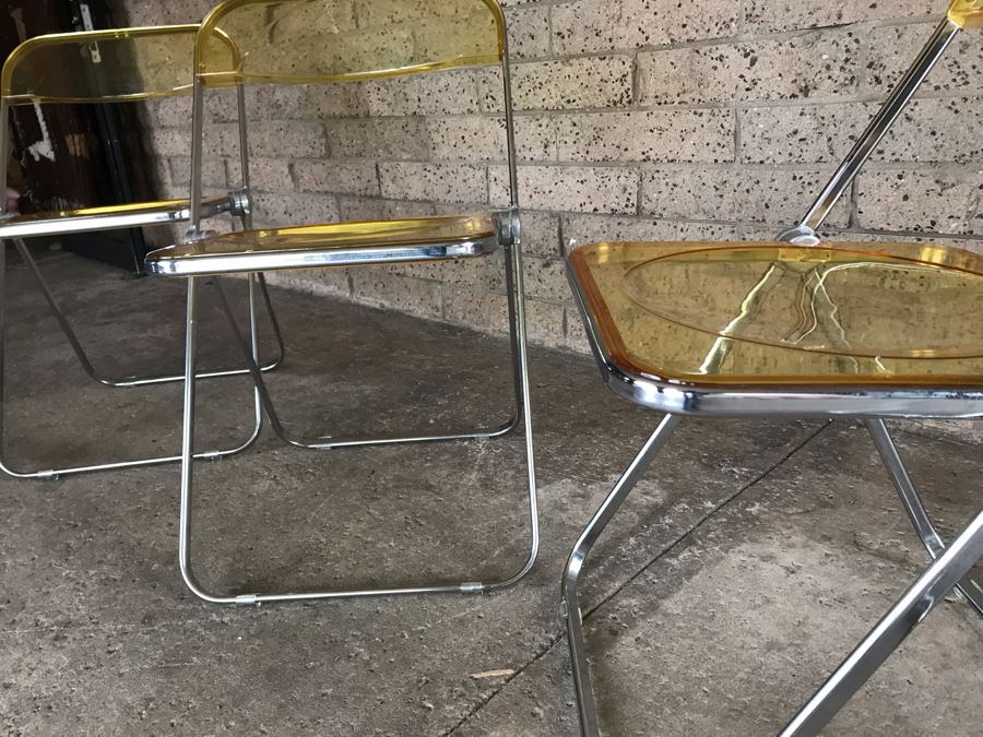 Set Of (4) Vintage 1970's Plia Folding Italian Chairs By Giancarlo Piretti For Anonima Castelli, Italy Lucite Chrome [Photo 10]