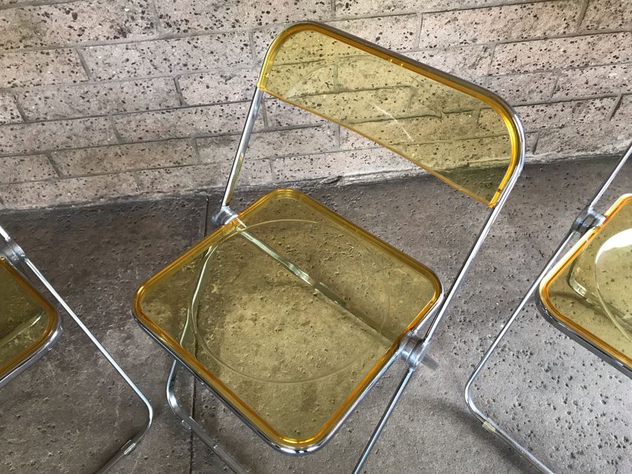 Set Of (4) Vintage 1970's Plia Folding Italian Chairs By Giancarlo Piretti For Anonima Castelli, Italy Lucite Chrome [Photo 7]