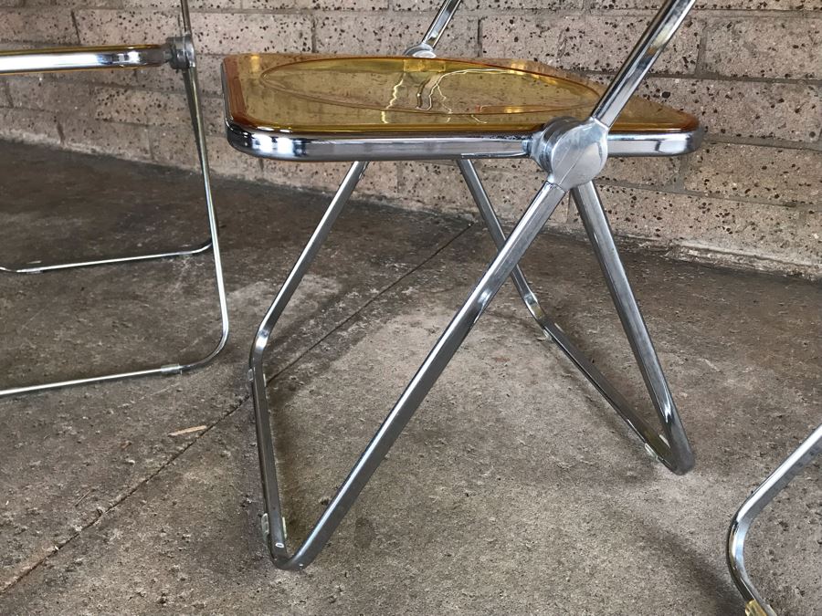 Set Of (4) Vintage 1970's Plia Folding Italian Chairs By Giancarlo Piretti For Anonima Castelli, Italy Lucite Chrome [Photo 9]