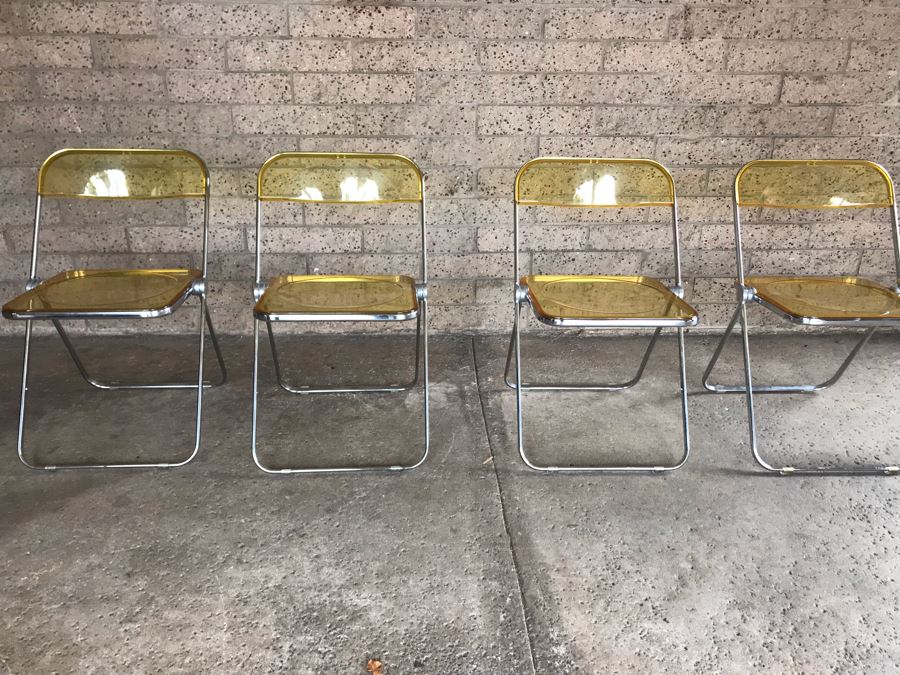 Set Of (4) Vintage 1970's Plia Folding Italian Chairs By Giancarlo Piretti For Anonima Castelli, Italy Lucite Chrome [Photo 4]