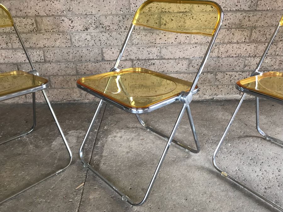 Set Of (4) Vintage 1970's Plia Folding Italian Chairs By Giancarlo Piretti For Anonima Castelli, Italy Lucite Chrome [Photo 6]