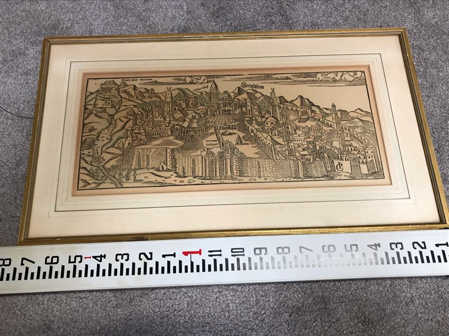 A View Of Jerusalem Woodcut By Jacob Clauser For Sebastian Muenster's Cosmographia (Description Of The World) Published By Henri Petri Framed 19' X 11' [Photo 16]