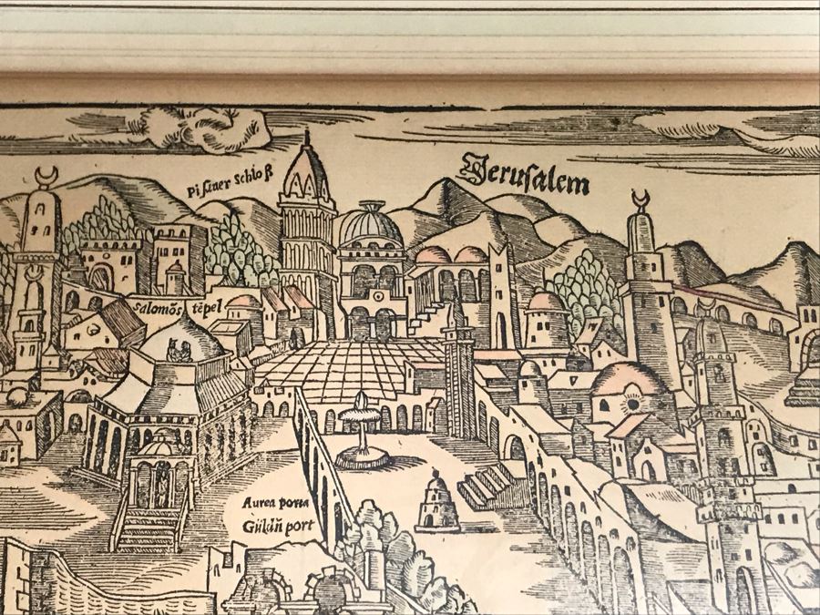 A View Of Jerusalem Woodcut By Jacob Clauser For Sebastian Muenster's Cosmographia (Description Of The World) Published By Henri Petri Framed 19' X 11' [Photo 3]