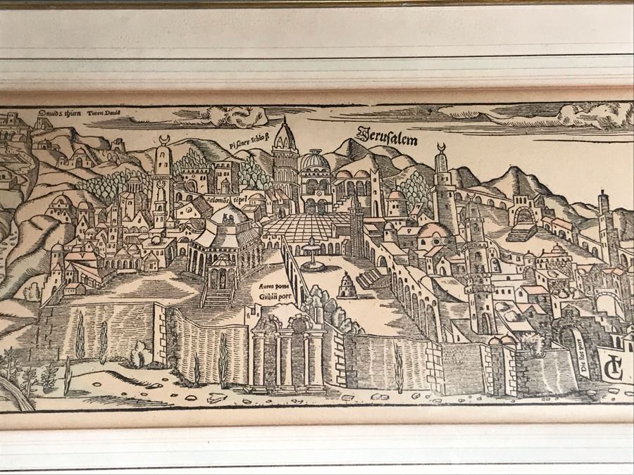 A View Of Jerusalem Woodcut By Jacob Clauser For Sebastian Muenster's Cosmographia (Description Of The World) Published By Henri Petri Framed 19' X 11' [Photo 4]