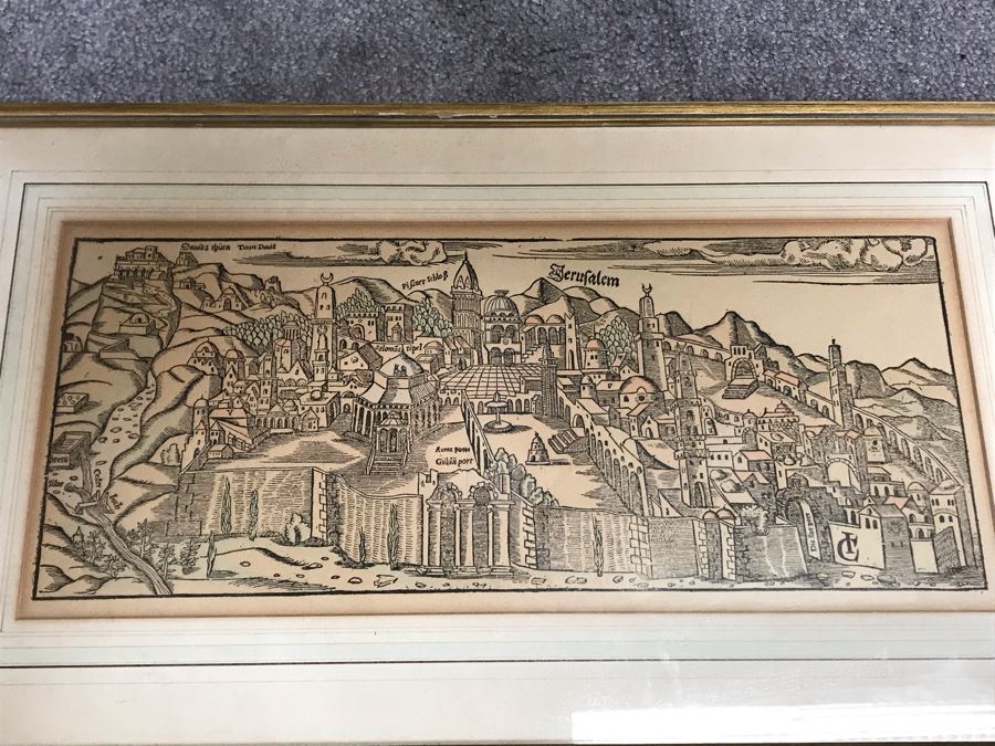 A View Of Jerusalem Woodcut By Jacob Clauser For Sebastian Muenster's Cosmographia (Description Of The World) Published By Henri Petri Framed 19' X 11' [Photo 1]