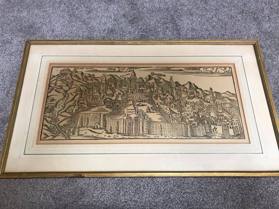 A View Of Jerusalem Woodcut By Jacob Clauser For Sebastian Muenster's Cosmographia (Description Of The World) Published By Henri Petri Framed 19' X 11' [Photo 2]