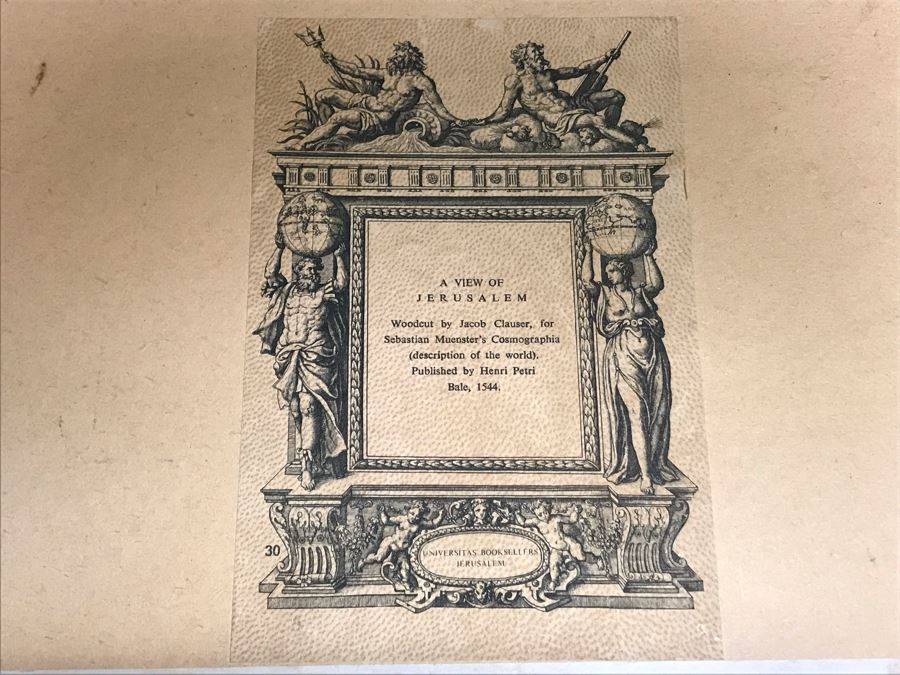 A View Of Jerusalem Woodcut By Jacob Clauser For Sebastian Muenster's Cosmographia (Description Of The World) Published By Henri Petri Framed 19' X 11' [Photo 12]