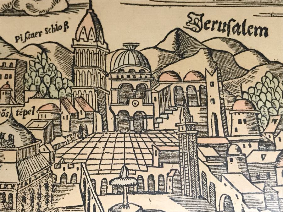 A View Of Jerusalem Woodcut By Jacob Clauser For Sebastian Muenster's Cosmographia (Description Of The World) Published By Henri Petri Framed 19' X 11' [Photo 9]