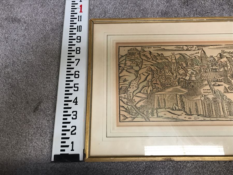 A View Of Jerusalem Woodcut By Jacob Clauser For Sebastian Muenster's Cosmographia (Description Of The World) Published By Henri Petri Framed 19' X 11' [Photo 17]