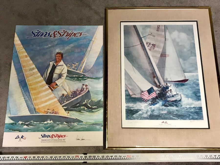 Pair Of Pencil Signed Dennis Conner Yacht Sailing Prints: Limited Edition Print Titled 'Pacific Combat' By John Gable (Pencil Signed By John Gable) And Stars & Strips Print [Photo 1]