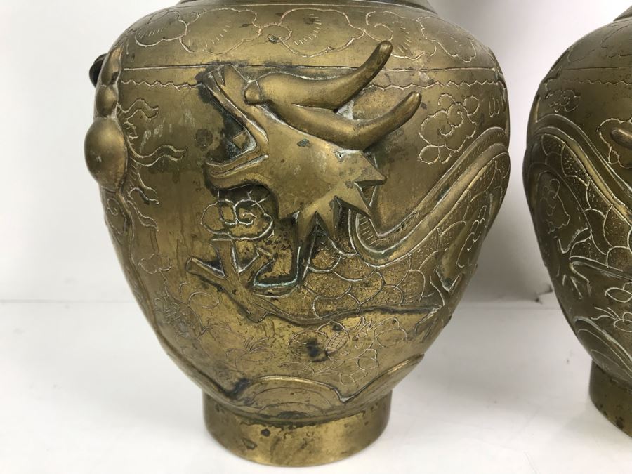 Pair Of Vintage Asian Signed Brass Vases With Relief Dragon Serpent 15.5'H [Photo 3]