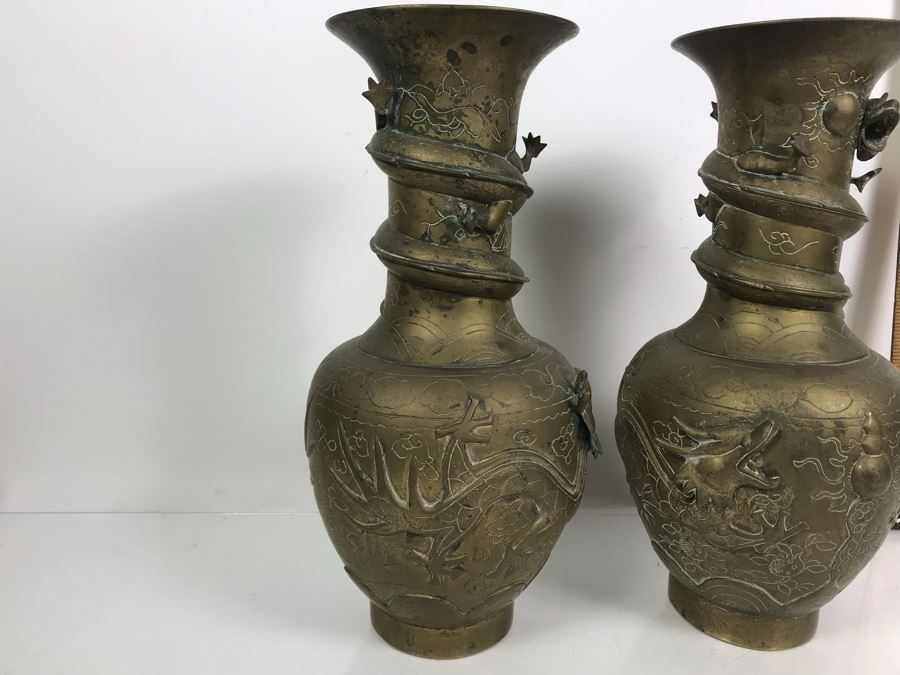 Pair Of Vintage Asian Signed Brass Vases With Relief Dragon Serpent 15.5'H [Photo 8]