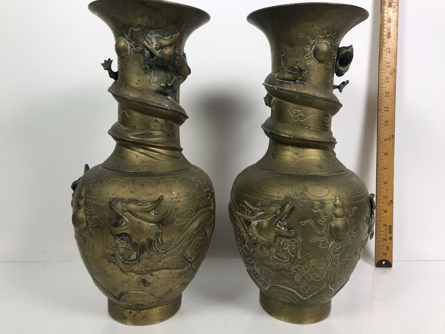 Pair Of Vintage Asian Signed Brass Vases With Relief Dragon Serpent 15.5'H [Photo 2]