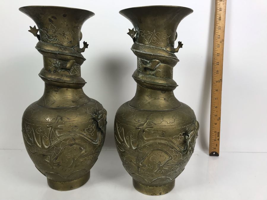 Pair Of Vintage Asian Signed Brass Vases With Relief Dragon Serpent 15.5'H [Photo 10]