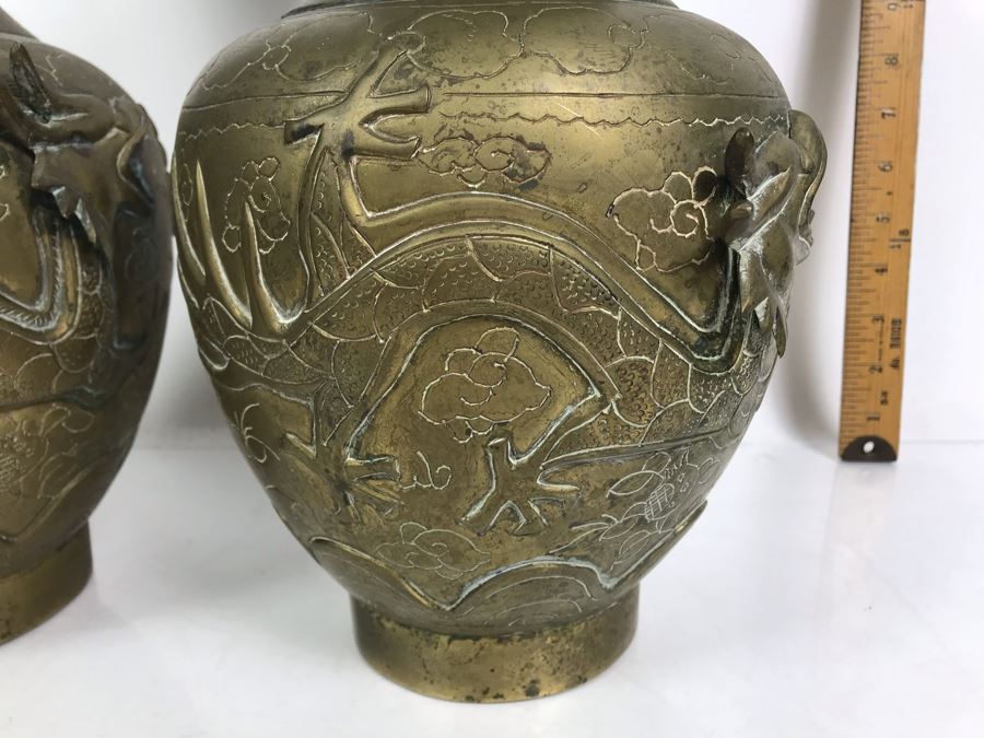 Pair Of Vintage Asian Signed Brass Vases With Relief Dragon Serpent 15.5'H [Photo 11]