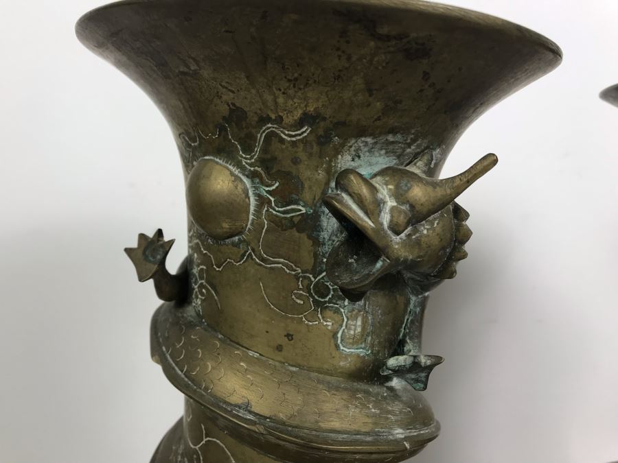 Pair Of Vintage Asian Signed Brass Vases With Relief Dragon Serpent 15.5'H [Photo 5]