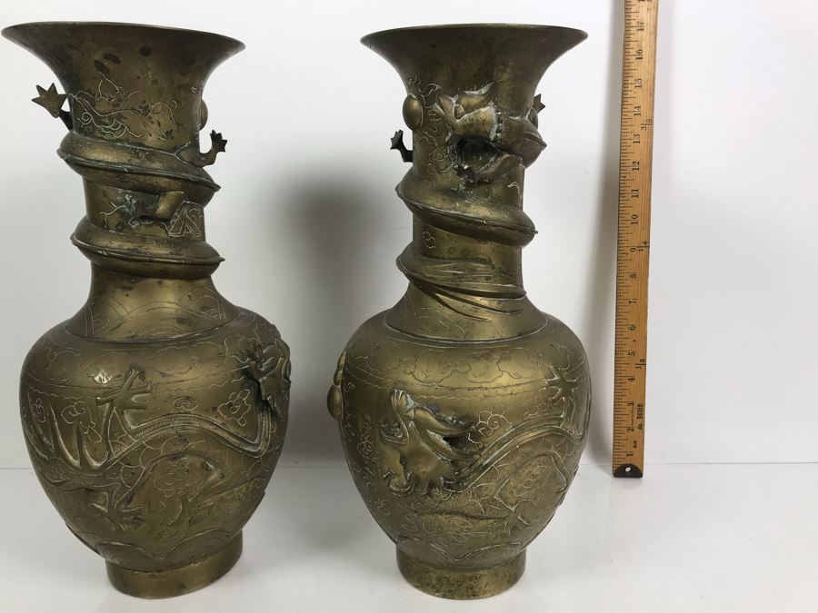 Pair Of Vintage Asian Signed Brass Vases With Relief Dragon Serpent 15.5'H [Photo 9]