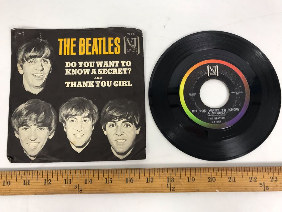The Beatles Do You Want TO Know A Secret And Thank You Girl Vee-Jay Records VJ 587 45RPM Vinyl Record With Record Sleeve