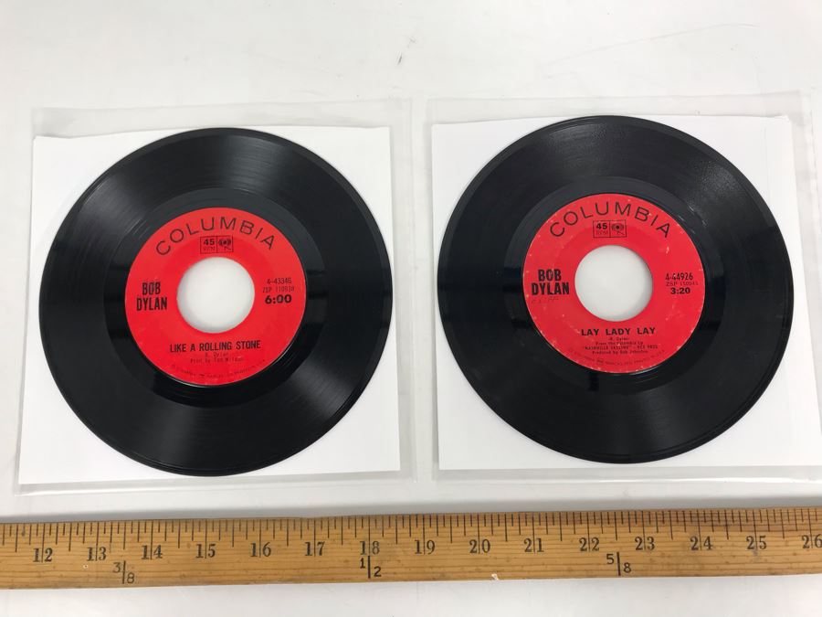 Pair Of Vintage Bob Dylan 45PRM Records Columbia Like A Rolling Stone, Gates Of Eden (4-43346) And Lay Lady Lay, Peggy Day (4-44926)