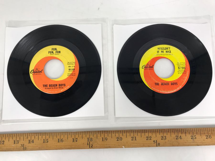 (2) The Beach Boys 45RPM Vinyl Records: Fun, Fun, Fun And Why Do Fools Fall In Love (5118); Wouldn't It Be Nice And God Only Knows (5706) Capital Records [Photo 1]