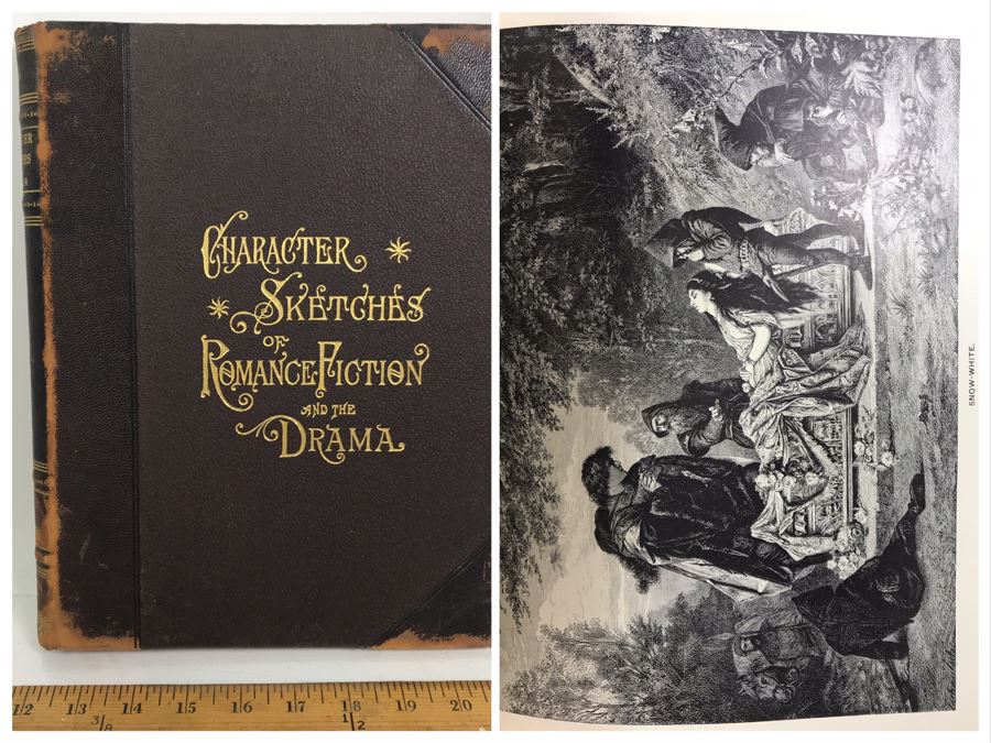 Antique 1896 Large Leatherbound Book Character Sketches Of Romance Fiction And The Drama Volume VII With Illustrations From Snow White And The Sleeping Beauty - See Photos