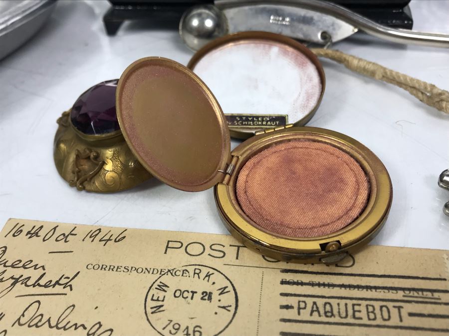 Vintage Lot Featuring An English Boatswain Whistle, Hand Wrought Bird Tray, 1946 Maiden Voyage Postcard Of Queen Elizabeth Ship, Vintage Brooch Pin, Ladies Compact, 3 Rings, Lacquer Box, Metal Box, Token, Copper Chalice And Mini Pocket Knife - See Photos [Photo 8]